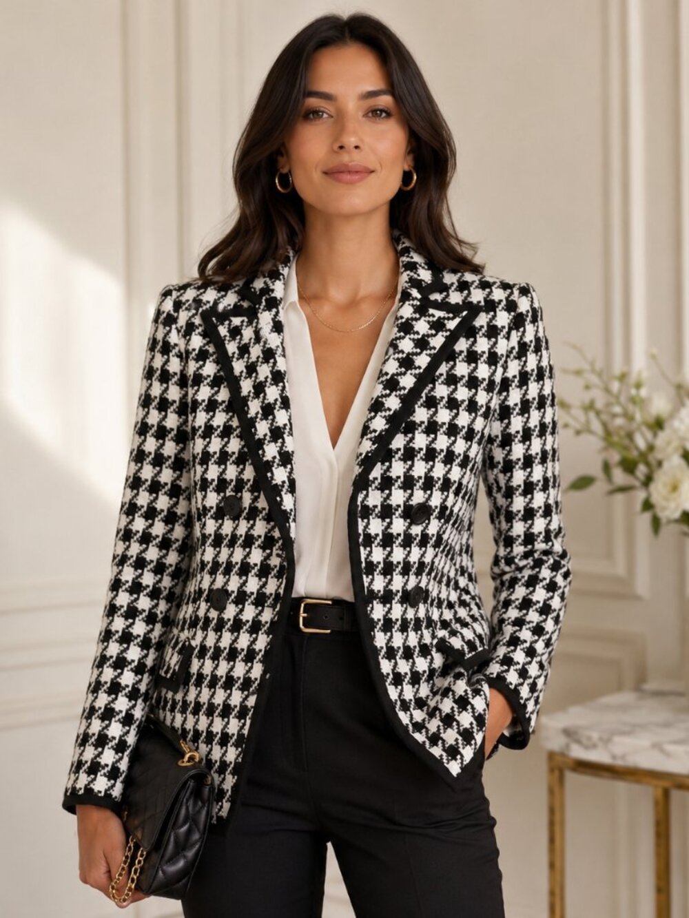 Veronica Beard Harriet Cutaway Houndstooth Blazer in Black and White